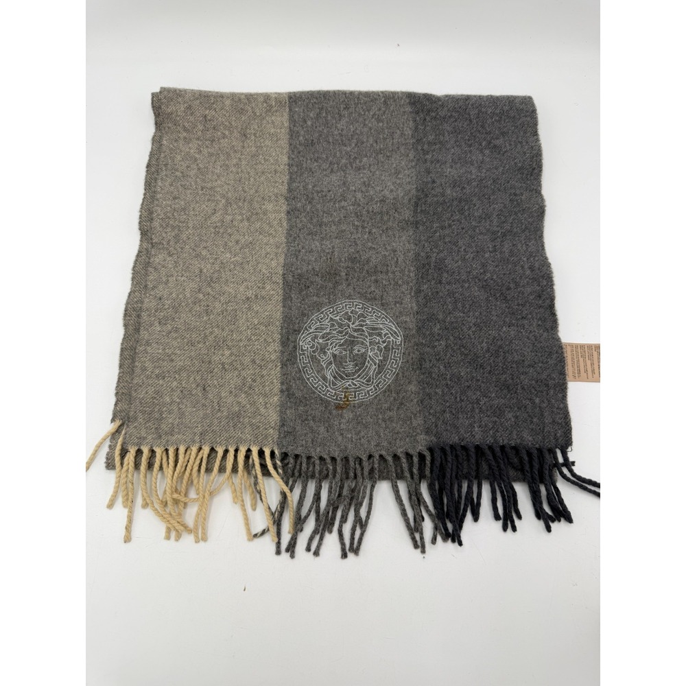 Versace Medusa Embroidered Wool Scarf Gray Beige Colorblock Fringe Italy AS IS